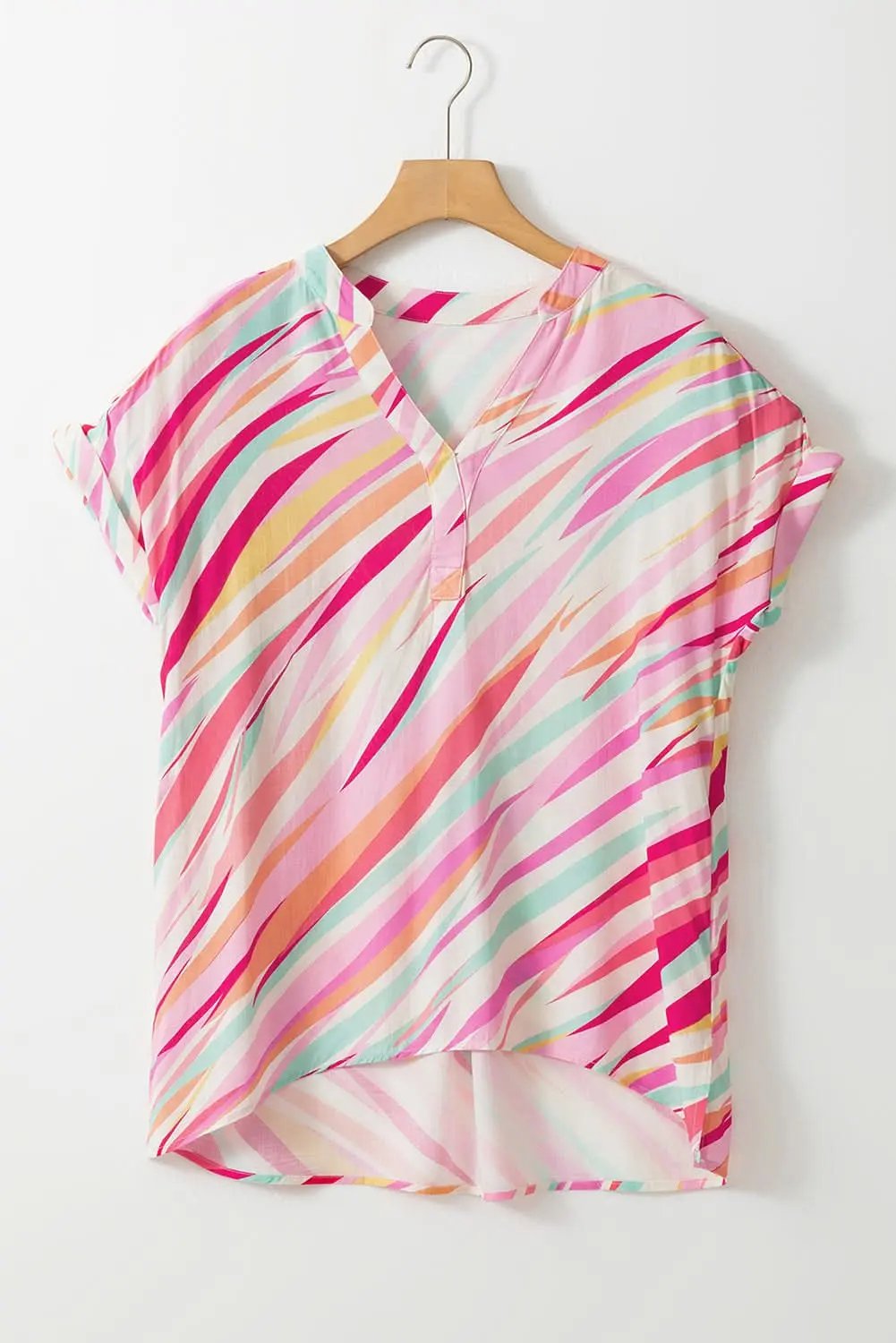 Multicolour Abstract Print High Low Short Sleeve Blouse - Love Salve